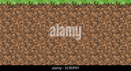 Minecraft pixel grass ground horizontal banner. Green and brown seamless block pattern in 8bit style. Fun gamer backdrop for wallpaper or birthday des Stock Vector