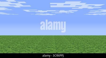 Minecraft 3D pixel landscape with grass sky and clouds. Blue horizon seamless block world in isometric retro style. Perfect for gamer wallpaper or pos Stock Vector