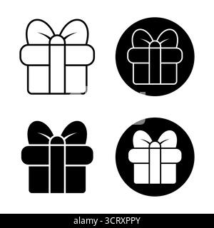 Set of Gift Box Icons with Bow in Black and White Illustration. Perfect for use in holiday decorations, celebration graphics, festive designs, apps. Stock Vector