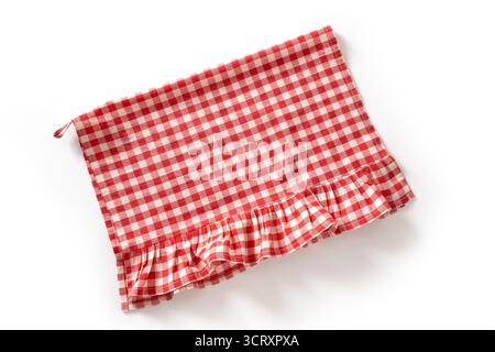 Cooking red checkered kitchen napkin or towel with frills isolated on white background. Top view. Stock Photo