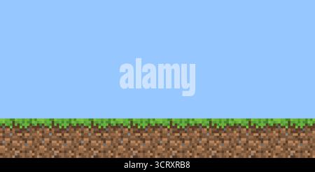 Minecraft pixel grass landscape horizontal banner. Green ground with blue sky clouds in seamless retro 8bit style. Gamer poster or wallpaper. Abstract Stock Vector