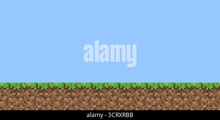 Minecraft pixel grass landscape horizontal banner. Green ground with blue sky clouds in seamless retro 8bit style. Gamer poster or wallpaper. Abstract Stock Vector