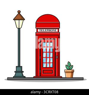 Iconic Red Telephone Booth and Street Lamp in Street Vector Illustration Cartoon Flat Design Stock Vector