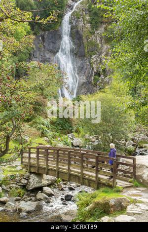 woman on footbridge over the river at Aber Falls, Rhaeadr Fawr, looking at the waterfall in September with trees in leaf, Snowdonia, Wales Stock Photo