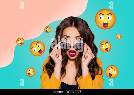 Collage of person surrounded by floating emoji icons expressing fun and different emotions happy joy angry oops lol Stock Photo