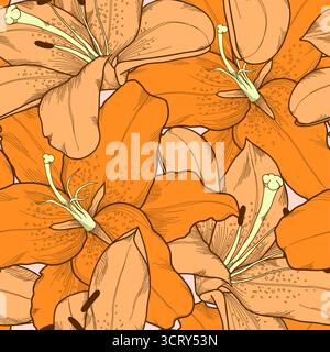 Beautiful seamless background with orange lilies hand-drawing. Stock Vector