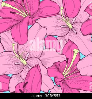 Beautiful seamless background with pink lilies hand-drawing. Stock Vector