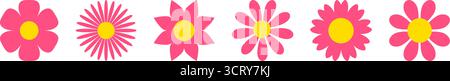 Pink flowers decorative icon set on a white background. Beautiful daisy chamomile floral designs vector illustration Stock Vector