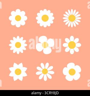 Cute daisy chamomile flower icon set in different style on orange background, vector illustration Stock Vector