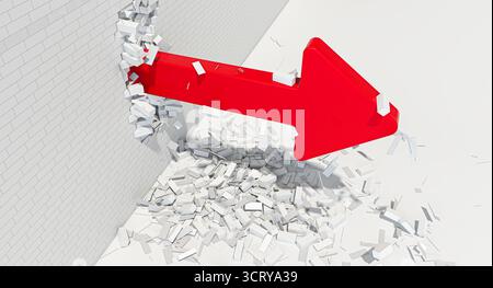 3d Red arrow breaking brick wall Stock Photo