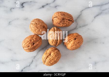 Close-up of walnuts in their shells on white marble Stock Photo