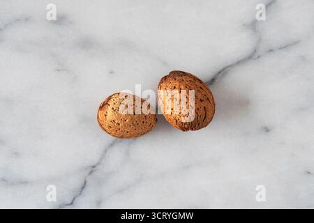 Close-up of almonds with their shells on white marble Stock Photo