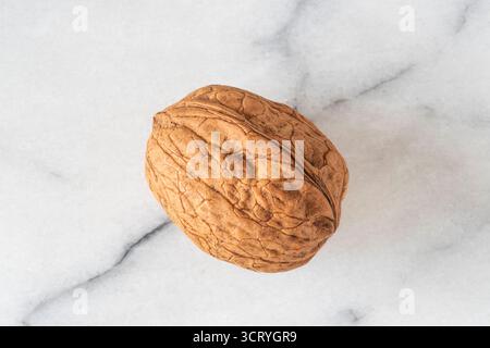 Close-up of walnuts in their shells on white marble Stock Photo