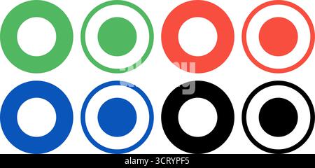 Set of vector radio button icons in green, red, blue and black with each color showing one filled and one outlined style designed for UI UX  design. Stock Vector