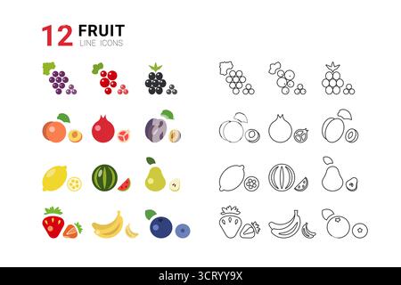 A variety of fruit line icons showcases different fruits, including grapes, apples, oranges, and bananas. The collection is suitable for various design and illustration applications. Stock Vector