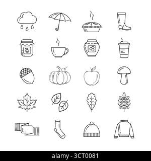 Autumn elements in trendy line style. Outline icons set. Pie, coffee, pumpkin, acorn, apple, mushrooms, leaves, jam and other. Stock Vector