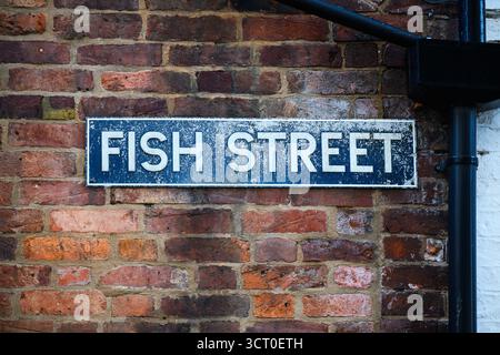 Blue and white street wall sign in medieval Fish Street in historic Shrewsbury UK Stock Photo