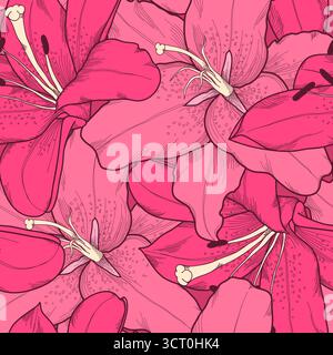 Beautiful seamless background with pink lilies hand-drawing Stock Vector