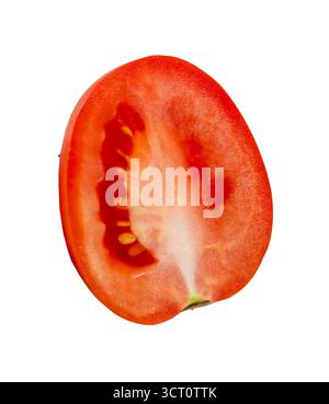 Single ripe red tomato fruit in half is isolated on white background with clipping path. Stock Photo
