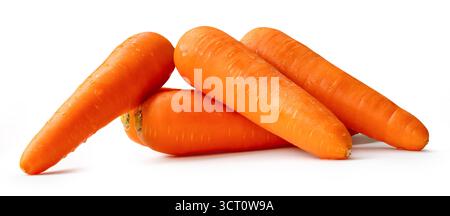Side view of five fresh orange carrot roots in stack is isolated on white background with clipping path. Stock Photo
