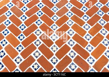 A brick pattern with blue and white stars. The pattern is made up of many different colored bricks. City of Puebla, Mexico, crafts Stock Photo