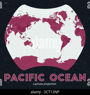 Pacific Ocean. World map. Larrivee projection centered to Pacific Ocean. Pale Mint Dark Pink palette. Vintage texture. Vibrant vector illustration. Stock Vector