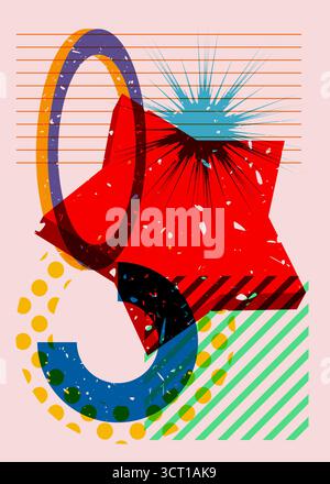 Risograph Star with geometric shapes. Objects in trendy riso graph print texture style design with geometry elements. Stock Vector