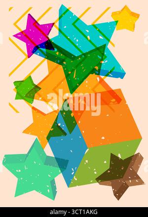 Risograph Star with geometric shapes. Objects in trendy riso graph print texture style design with geometry elements. Stock Vector