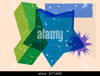 Risograph Star with geometric shapes. Objects in trendy riso graph print texture style design with geometry elements. Stock Vector
