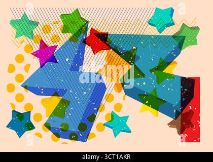 Risograph Star with geometric shapes. Objects in trendy riso graph print texture style design with geometry elements. Stock Vector