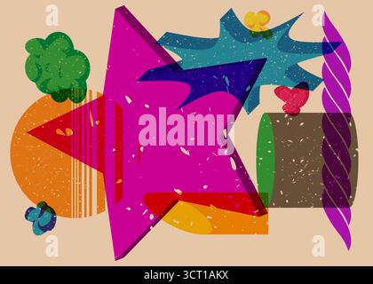 Risograph Star with geometric shapes. Objects in trendy riso graph print texture style design with geometry elements. Stock Vector