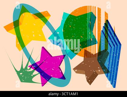 Risograph Star with geometric shapes. Objects in trendy riso graph print texture style design with geometry elements. Stock Vector