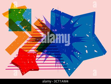 Risograph Star with geometric shapes. Objects in trendy riso graph print texture style design with geometry elements. Stock Vector