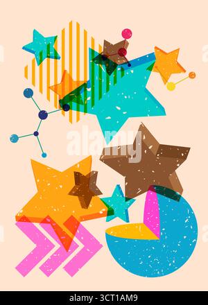 Risograph Star with geometric shapes. Objects in trendy riso graph print texture style design with geometry elements. Stock Vector