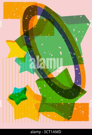 Risograph Star with geometric shapes. Objects in trendy riso graph print texture style design with geometry elements. Stock Vector