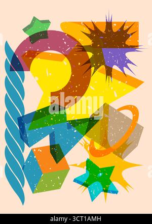 Risograph Star with geometric shapes. Objects in trendy riso graph print texture style design with geometry elements. Stock Vector
