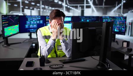 Distressed Construction Worker Struggles With Malfunctioning Control Panel In Factory. Stock Photo