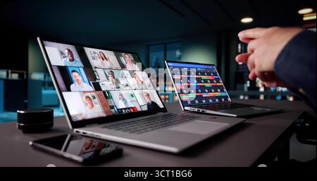 Senior Man Working Late On Virtual HR Webinar From Home. Stock Photo