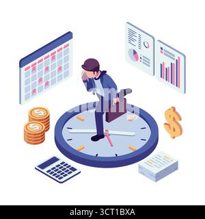 Isometric Businessman Racing Against Time for Money. Time is Money Concept Stock Vector