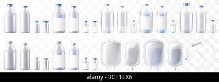 Transparent glass bottles for injections mockup. Vector illustration isolated on white background. Can be use for medicine, cosmetic and other. Ready Stock Vector