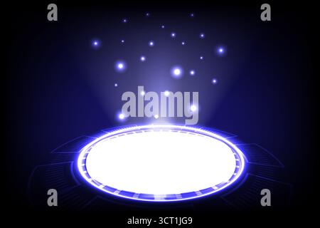 Abstract sci-fi background featuring a glowing circular portal with bright light and floating particles, vector illustration Stock Vector
