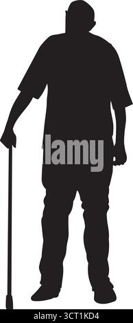 Full-length silhouette of an elderly man holding a cane, facing forward, isolated on white Stock Vector