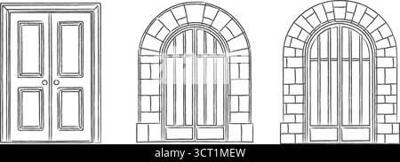 Black line illustration showing three traditional entrance designs including a paneled door and two arched doorways. Stock Vector