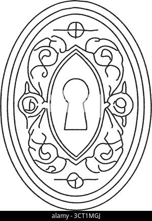 Ornate oval keyhole escutcheon with decorative scrollwork and a central key opening, drawn in black outline. Stock Vector