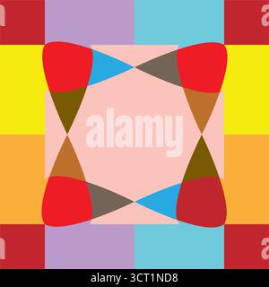 This vector seamless pattern showcases abstract teardrop shapes in vibrant red with brown and blue accents, centered on a soft pink background framed Stock Vector