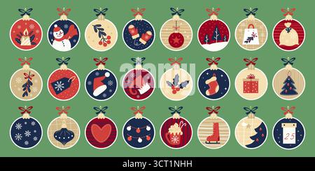 Cute Xmas balls toy with festive elements set. Advent Calendar. Countdown Christmas. New Year Traditional symbol with snowman, gift, tree, skates, hot Stock Vector