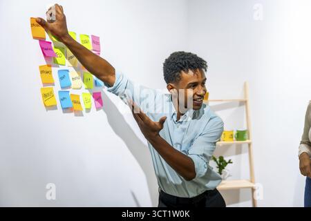Young black man smiling and brainstorming, placing colorful sticky notes with business related words onto a white wall, organizing concepts for a proj Stock Photo