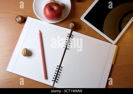 A clean desk featuring an open notebook, a red pencil, and a shiny apple. Stock Photo