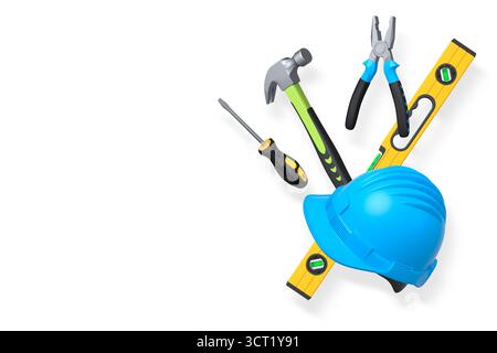 Various construction tools including wrench, hammer, pliers, and helmet isolated on white background with clipping path, concept of building work Stock Photo