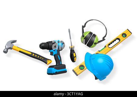Various construction tools including wrench, hammer, pliers, and helmet isolated on white background with clipping path, concept of building work Stock Photo